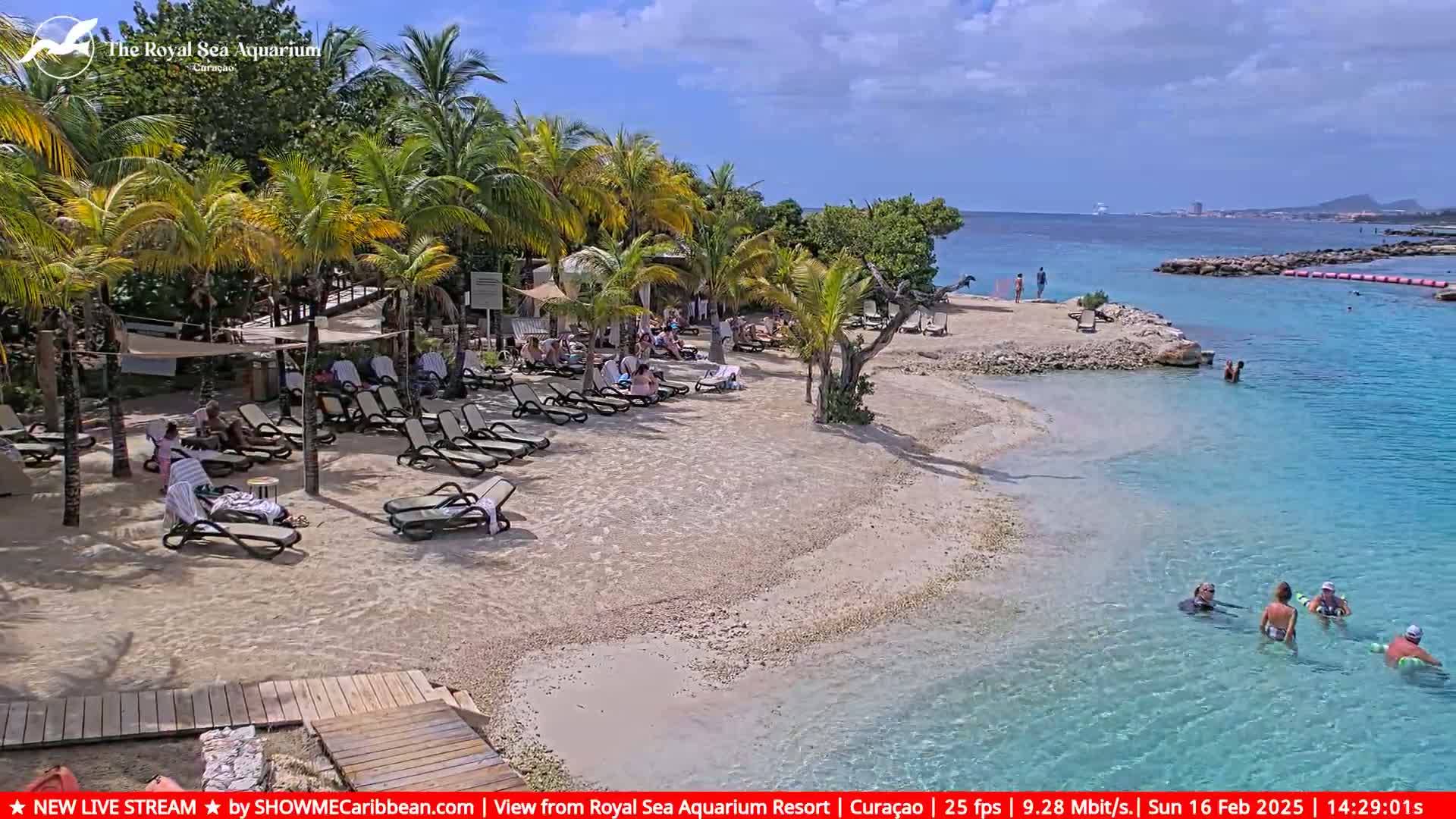 A sunny beach scene shows people lounging in beach chairs and swimming in clear turquoise water, under a mostly sunny sky.
