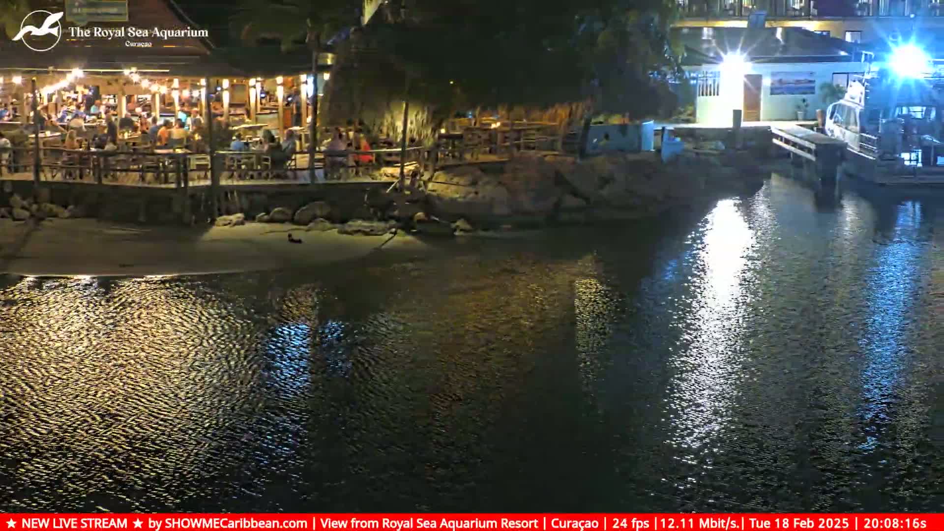 An outdoor nighttime scene shows a restaurant with patrons seated on a deck overlooking calm water reflecting lights, with a boat docked nearby.