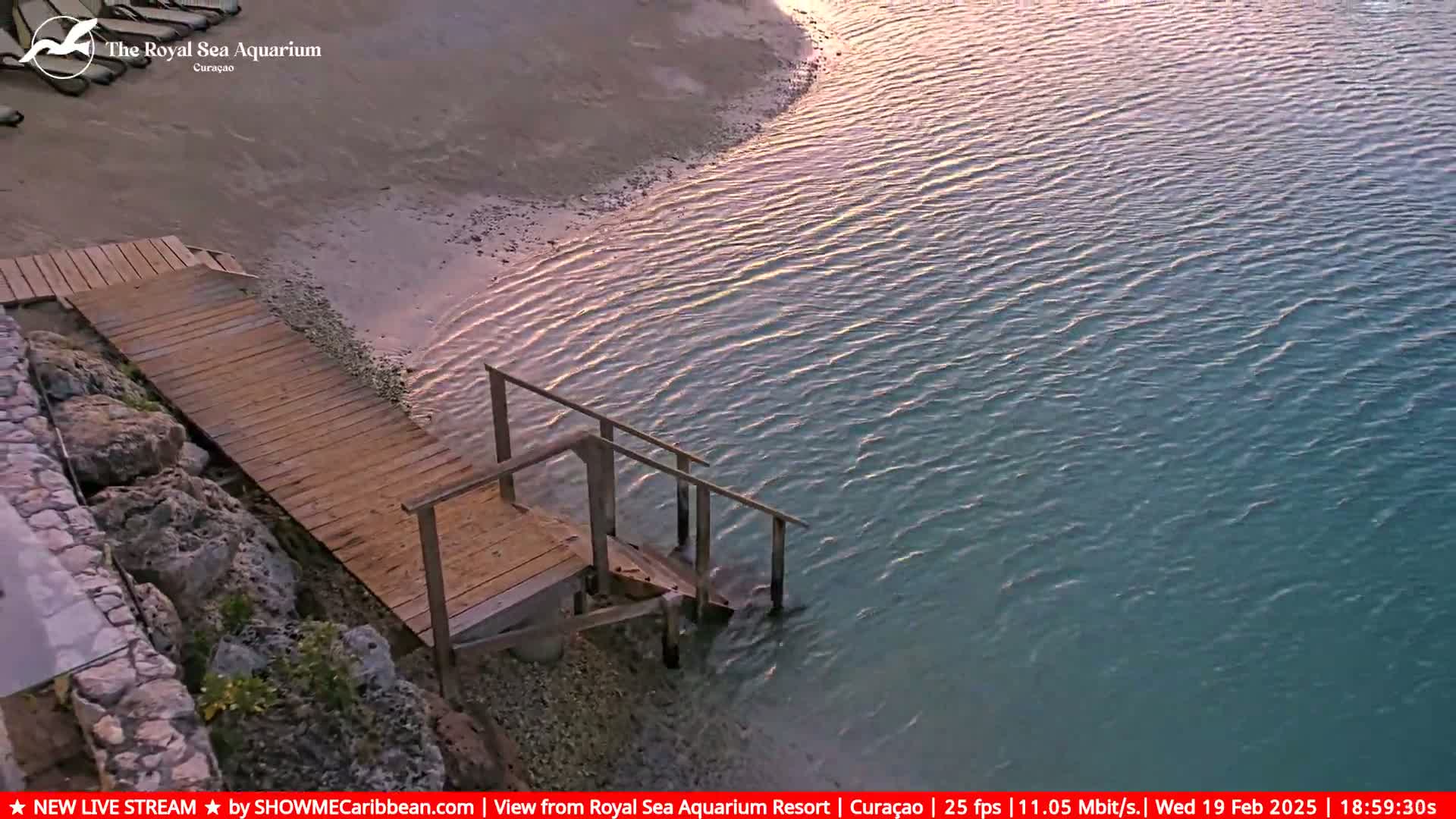 A wooden dock with stairs leads down to calm, teal water next to a sandy shore.