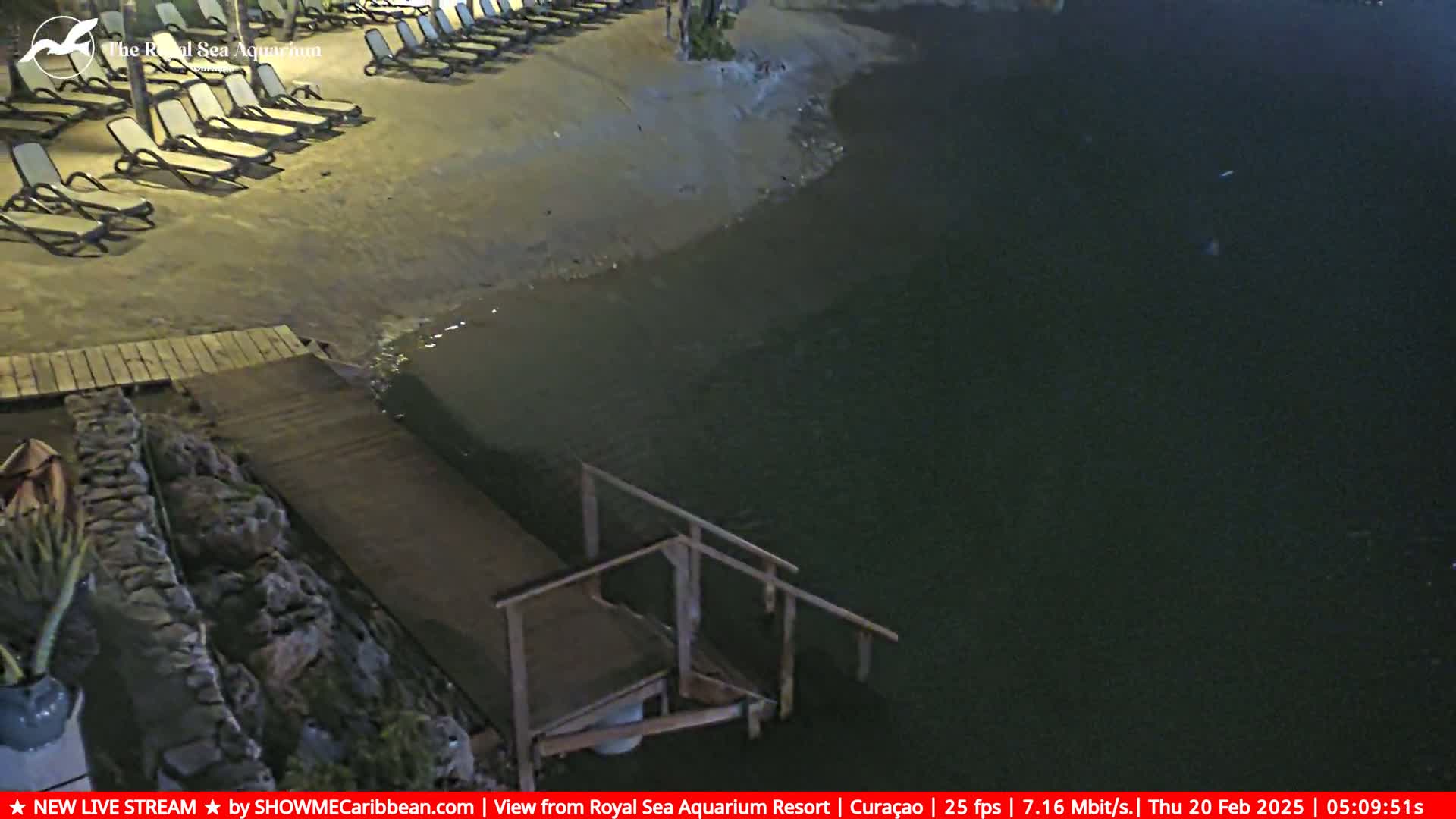 A nighttime view of a sandy beach with empty lounge chairs, a wooden dock with steps leading into dark water.
