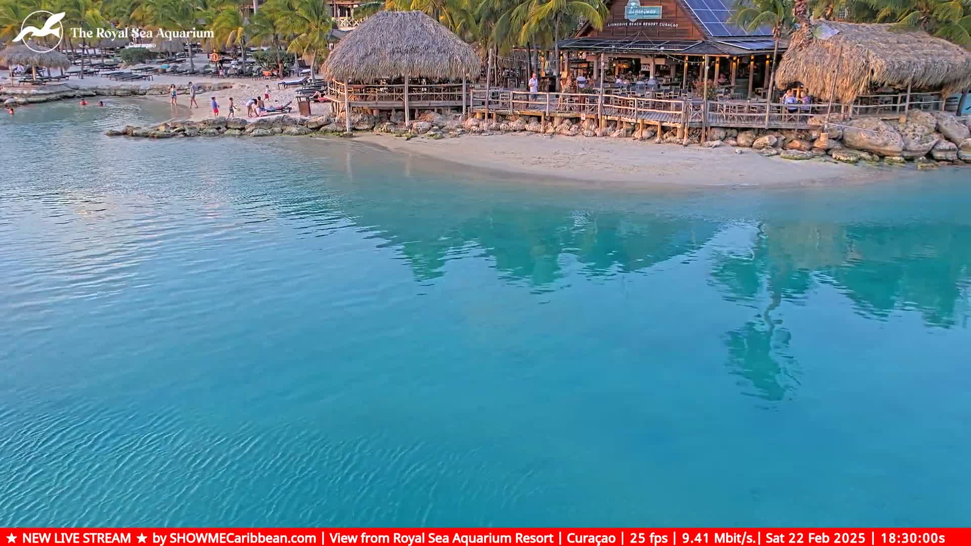 A beach bar and restaurant with thatched roofs sits on a sandy beach next to calm, turquoise water, with a few people visible near the shore.