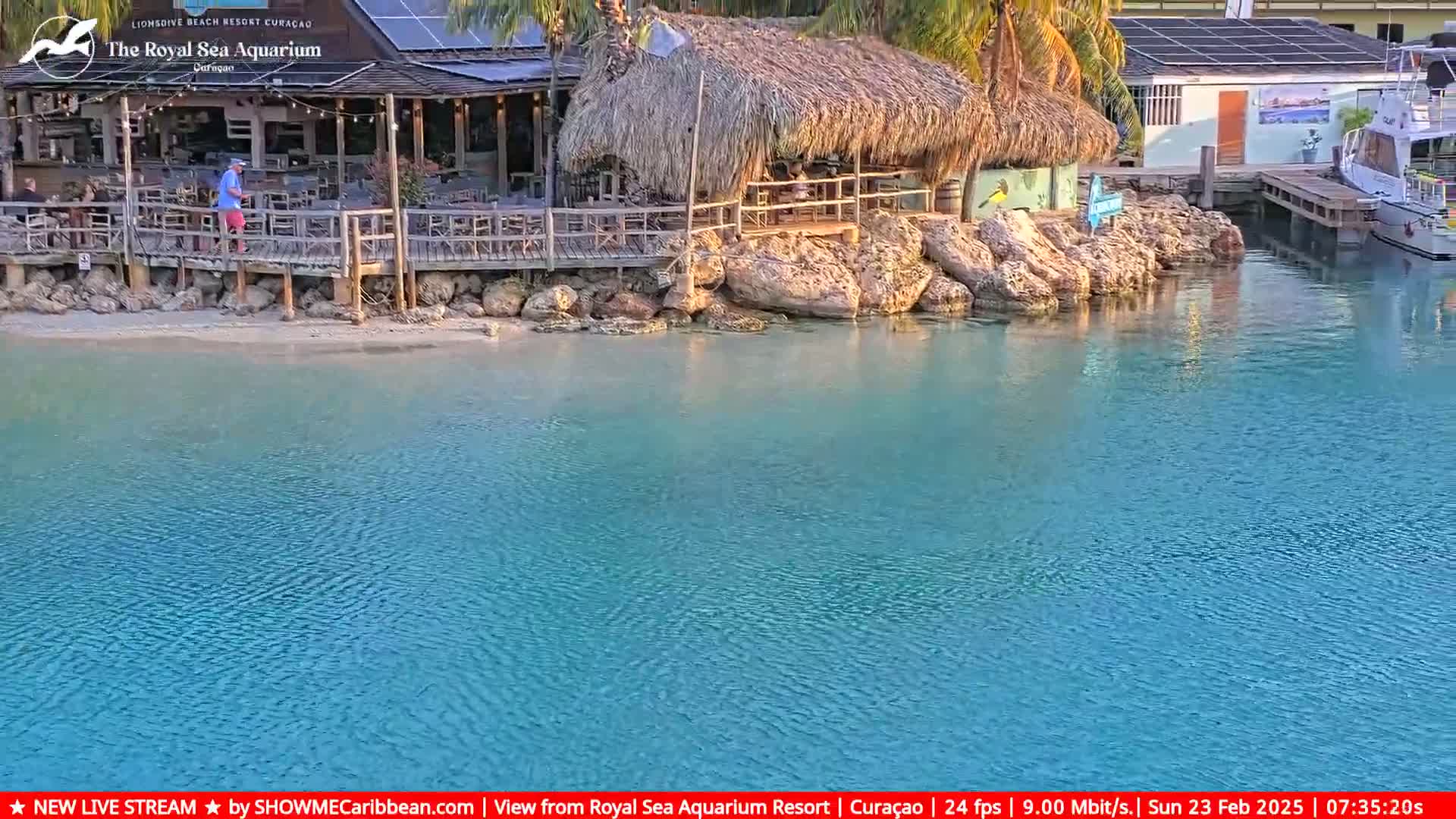 A thatch-roofed beachfront restaurant sits on a rocky shore next to calm, turquoise water.