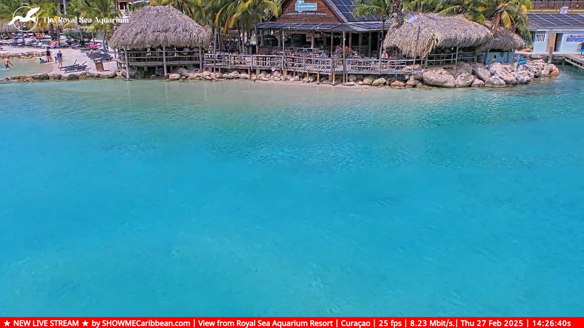 A beach bar with thatched roofs sits on a sandy shore next to calm, bright turquoise water.