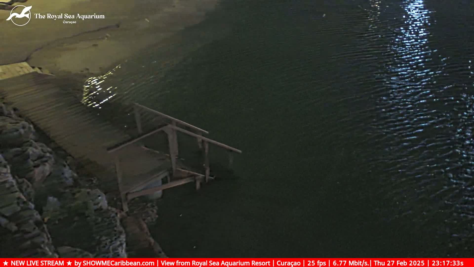 A nighttime aerial view shows a partially submerged wooden staircase leading into dark, gently rippling water.