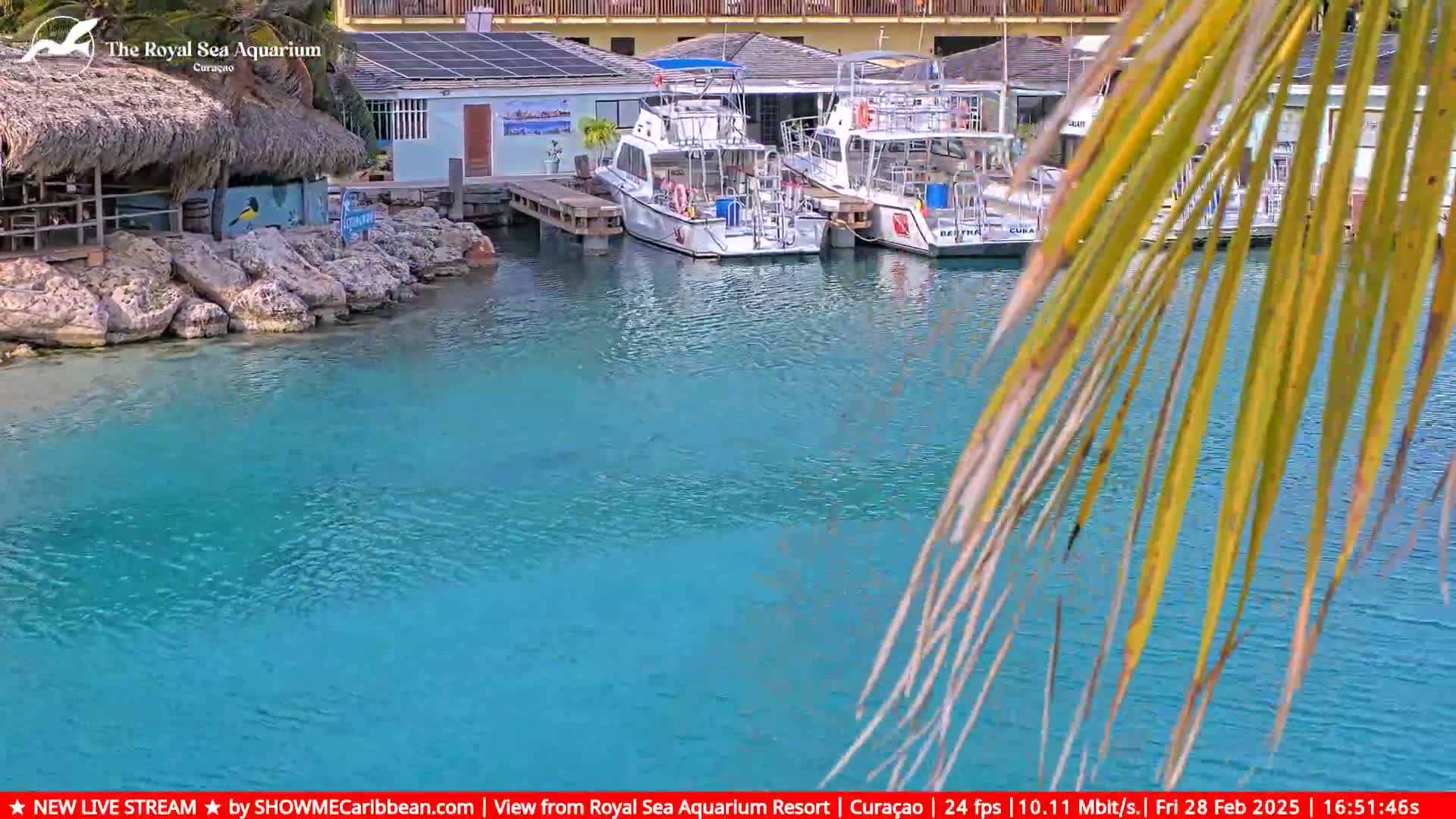 Two boats are docked near a small building with a thatched roof beside a calm, clear turquoise body of water partially obscured by palm fronds.