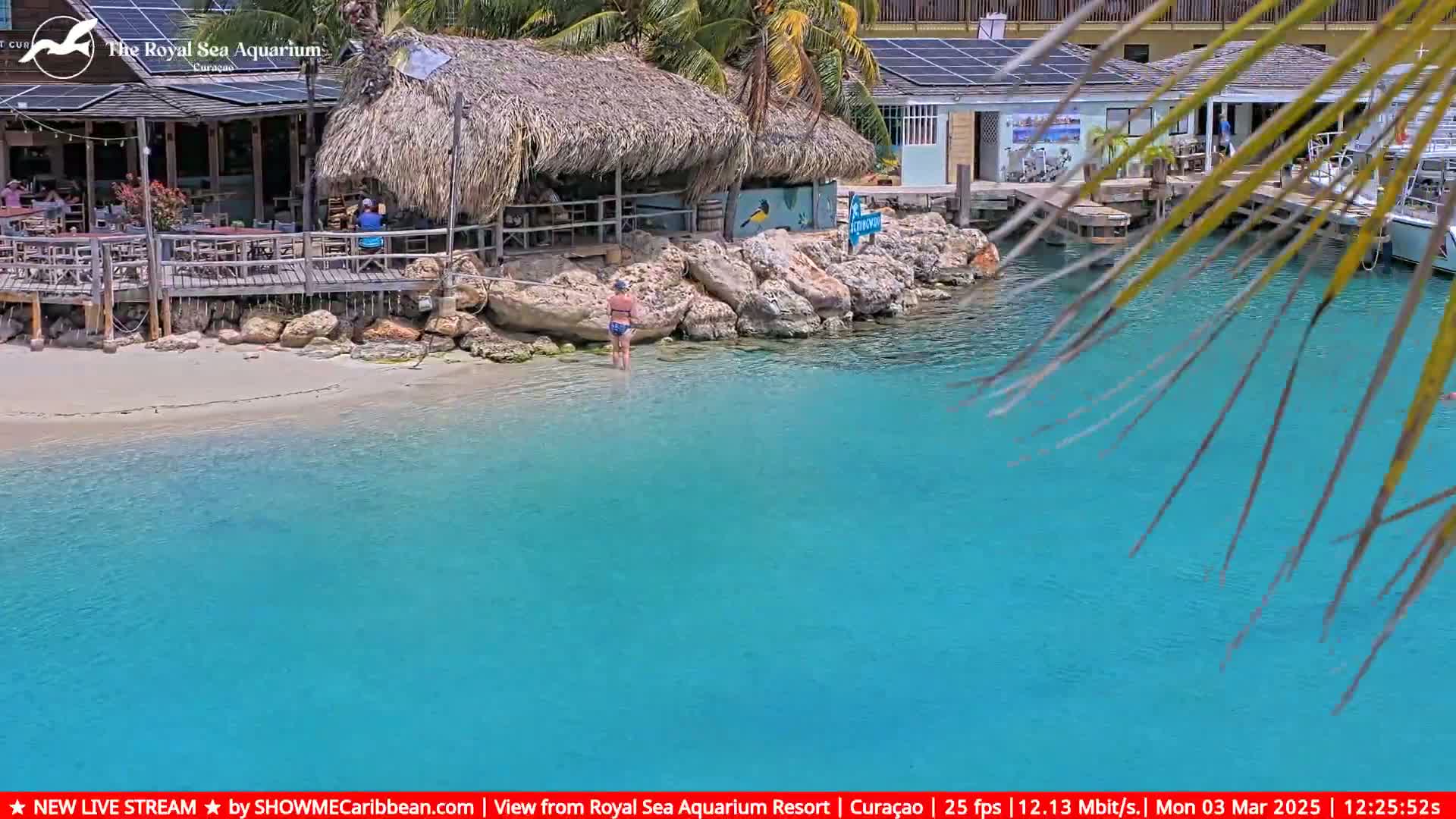 A woman walks along a sandy beach toward bright turquoise water next to a thatched-roof restaurant and other buildings.