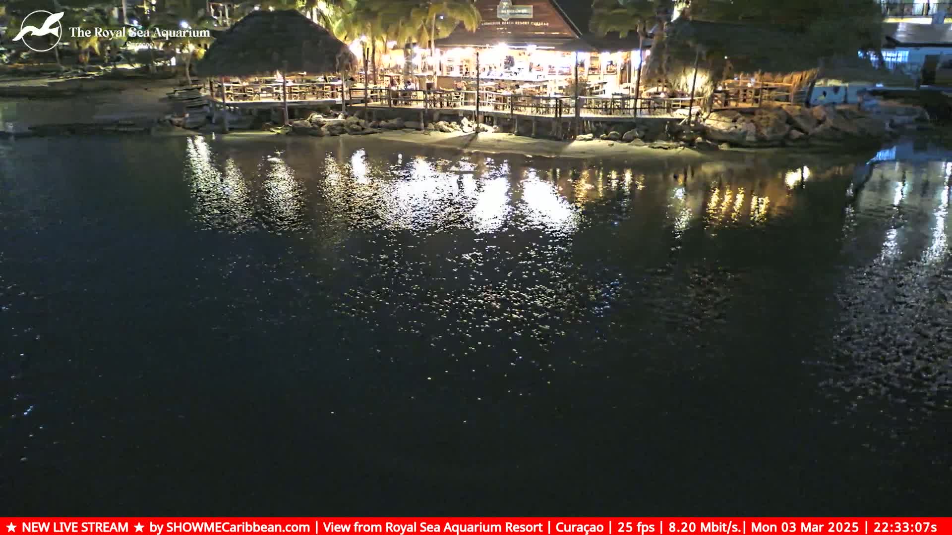 At night, a lit-up waterfront restaurant with a thatched roof sits on the edge of calm, dark water, its lights reflecting on the surface.