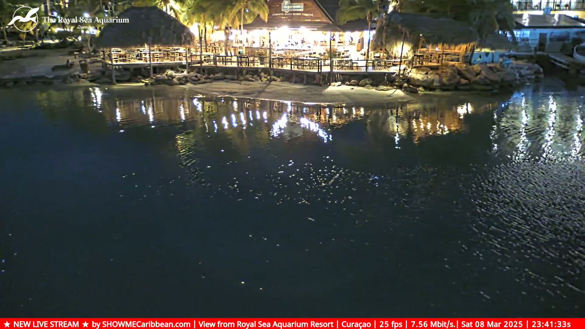 At night, a waterfront restaurant with lights reflecting on calm water is seen.