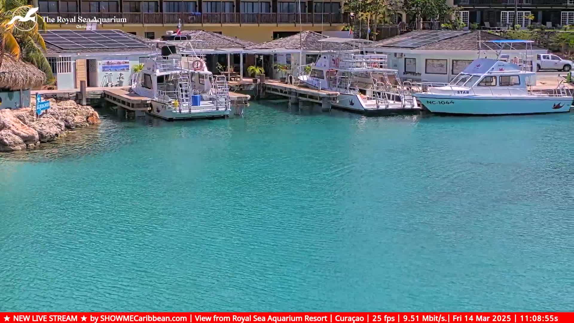 Several boats are docked at a marina with turquoise water on a sunny day.
