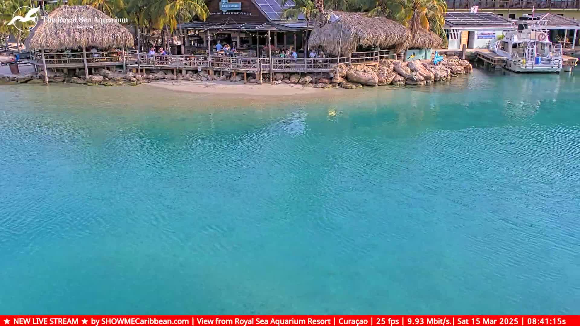 A beachside bar and restaurant with patrons sits on a small sandy beach next to calm, turquoise water.