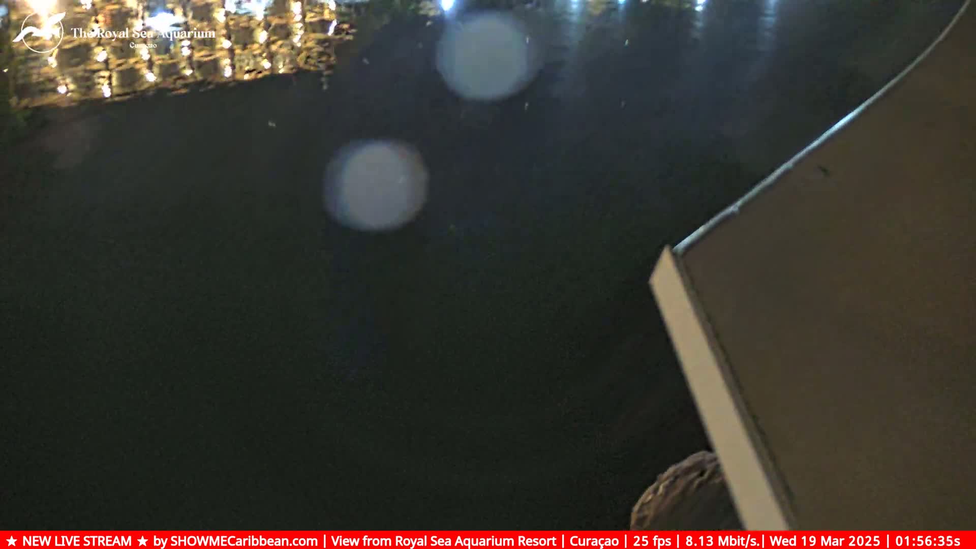 A nighttime view of dark water reflecting blurred lights, partially obscured by a light-brown structure in the bottom right corner.