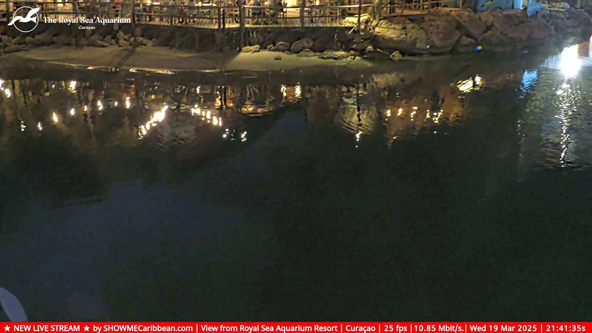 Reflected lights from a nighttime waterfront restaurant illuminate a dark body of water.