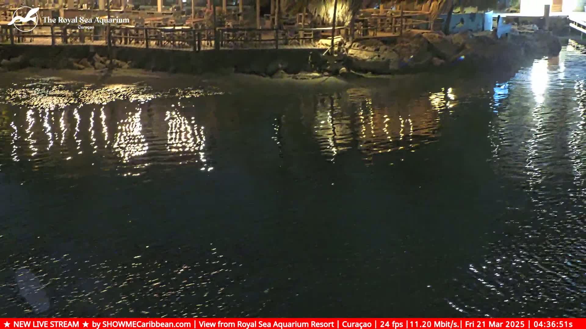 Reflected lights from a nighttime waterfront restaurant shimmer on calm dark water.