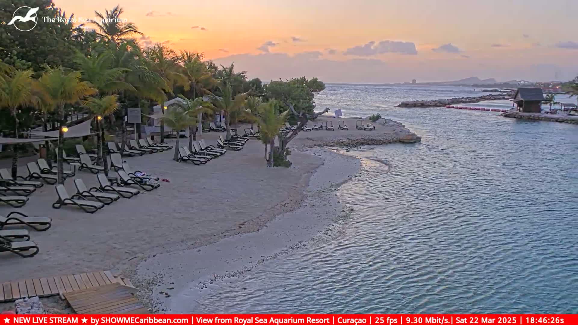 A tranquil beach scene at sunset shows empty lounge chairs on a sandy shore next to calm water.