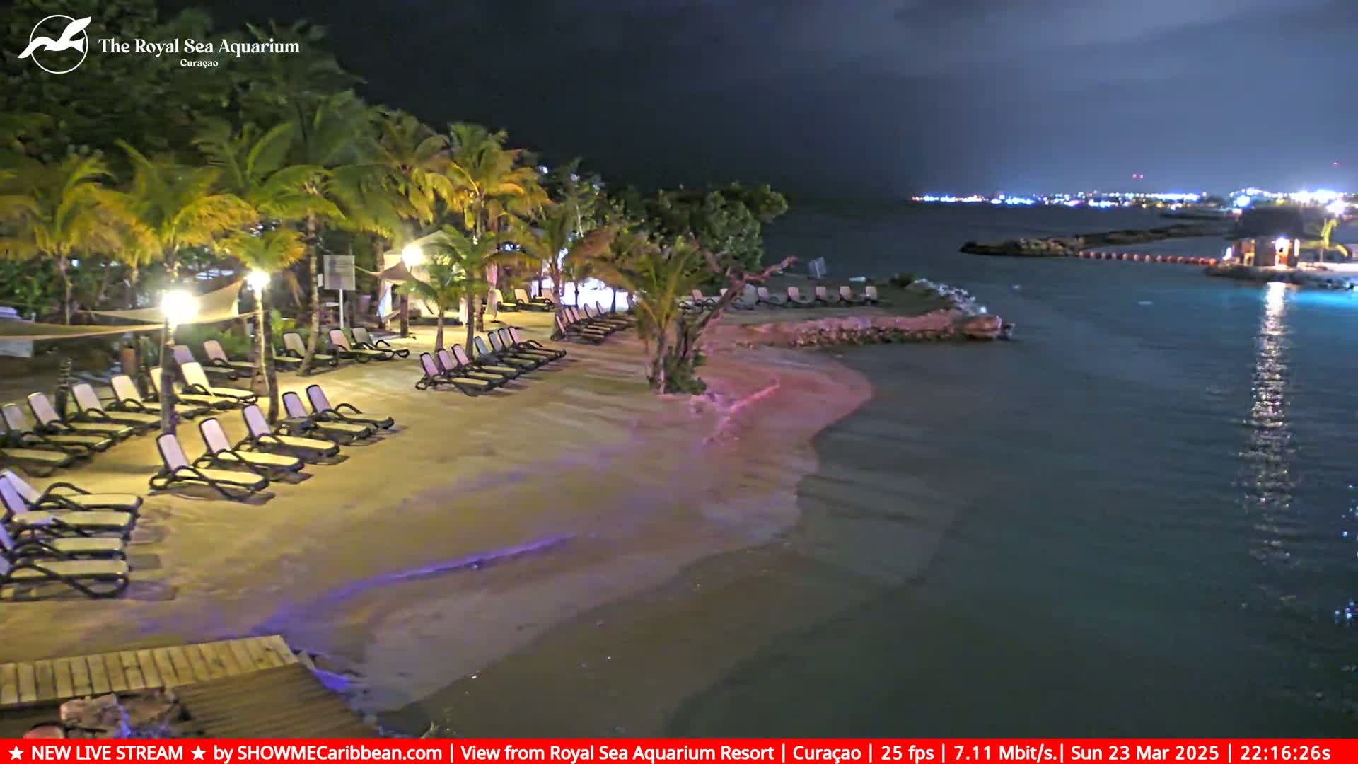 Empty lounge chairs line a sandy beach at night next to calm, dark water under a partly cloudy sky.