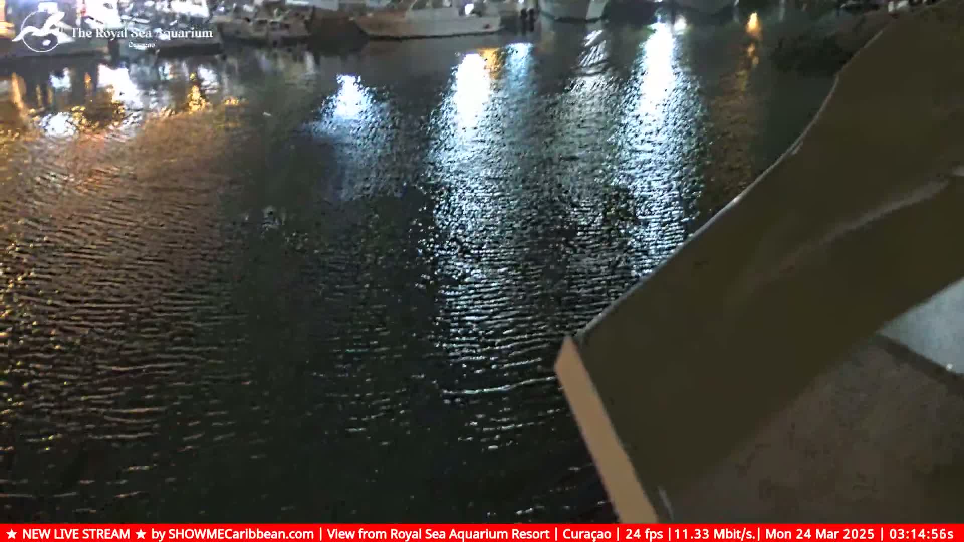 A nighttime view of gently rippling dark water reflecting lights from a nearby structure.