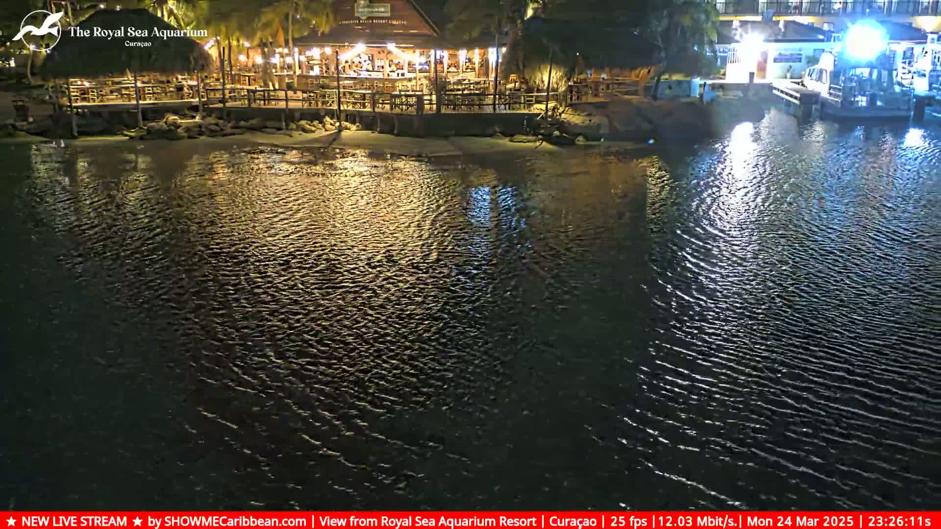 A nighttime view of a lit waterfront restaurant and a moored boat on dark, gently rippling water.
