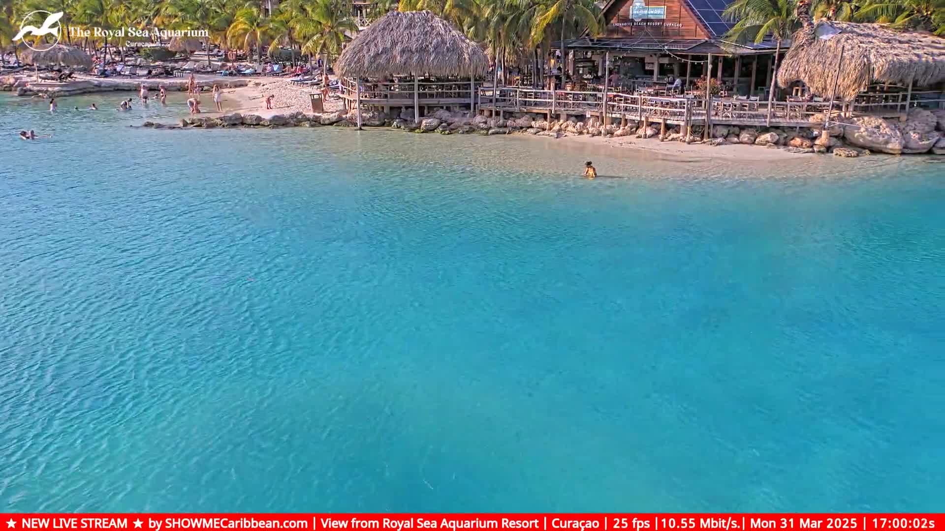 A beach with a thatched-roof bar and people swimming in clear, turquoise water under a sunny sky.