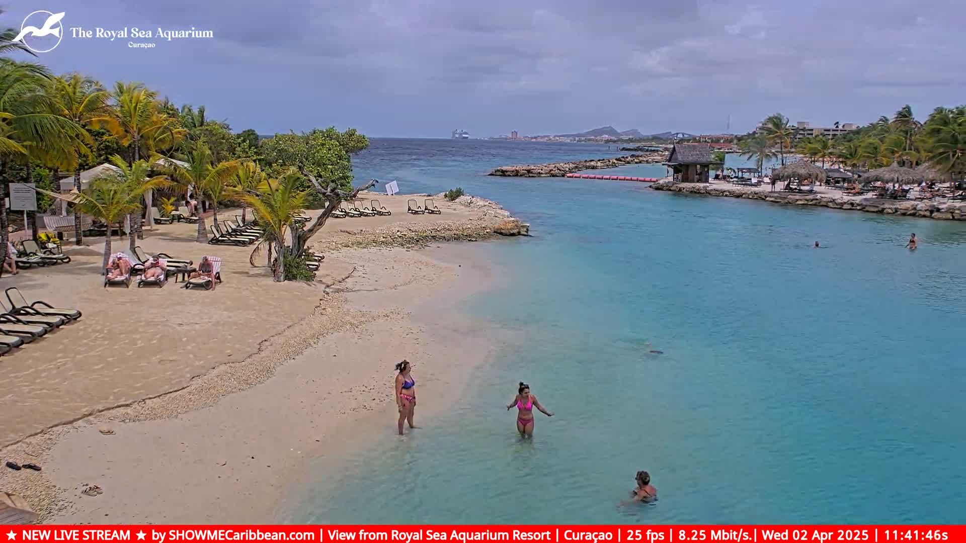 A sandy beach with lounge chairs and people relaxing, leads to a calm turquoise ocean with several people swimming, under a partly cloudy sky.