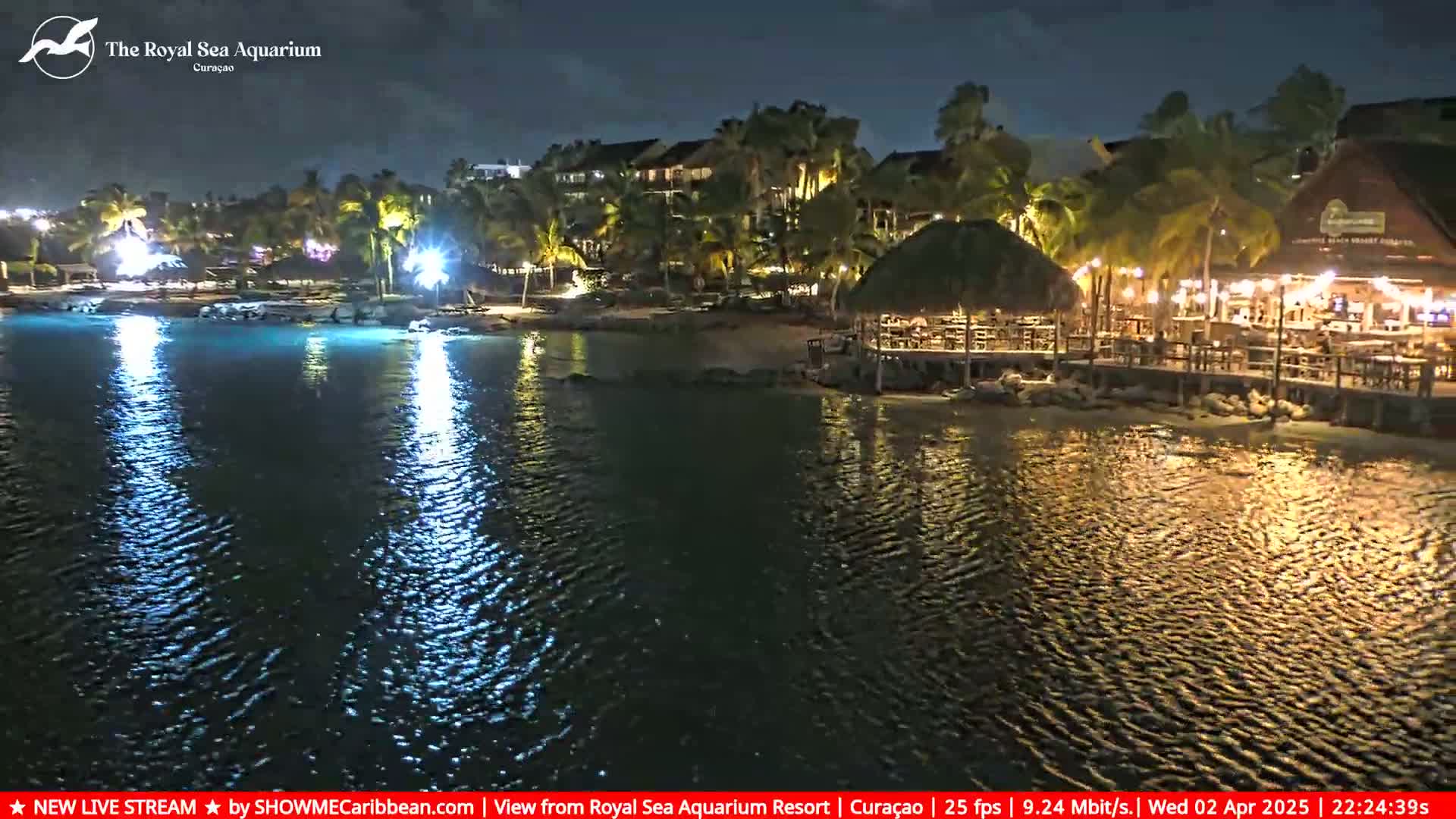 A nighttime view of a resort's waterfront, showing palm trees, buildings with lights, and a restaurant under a thatched roof, all reflected in the gently rippling water.