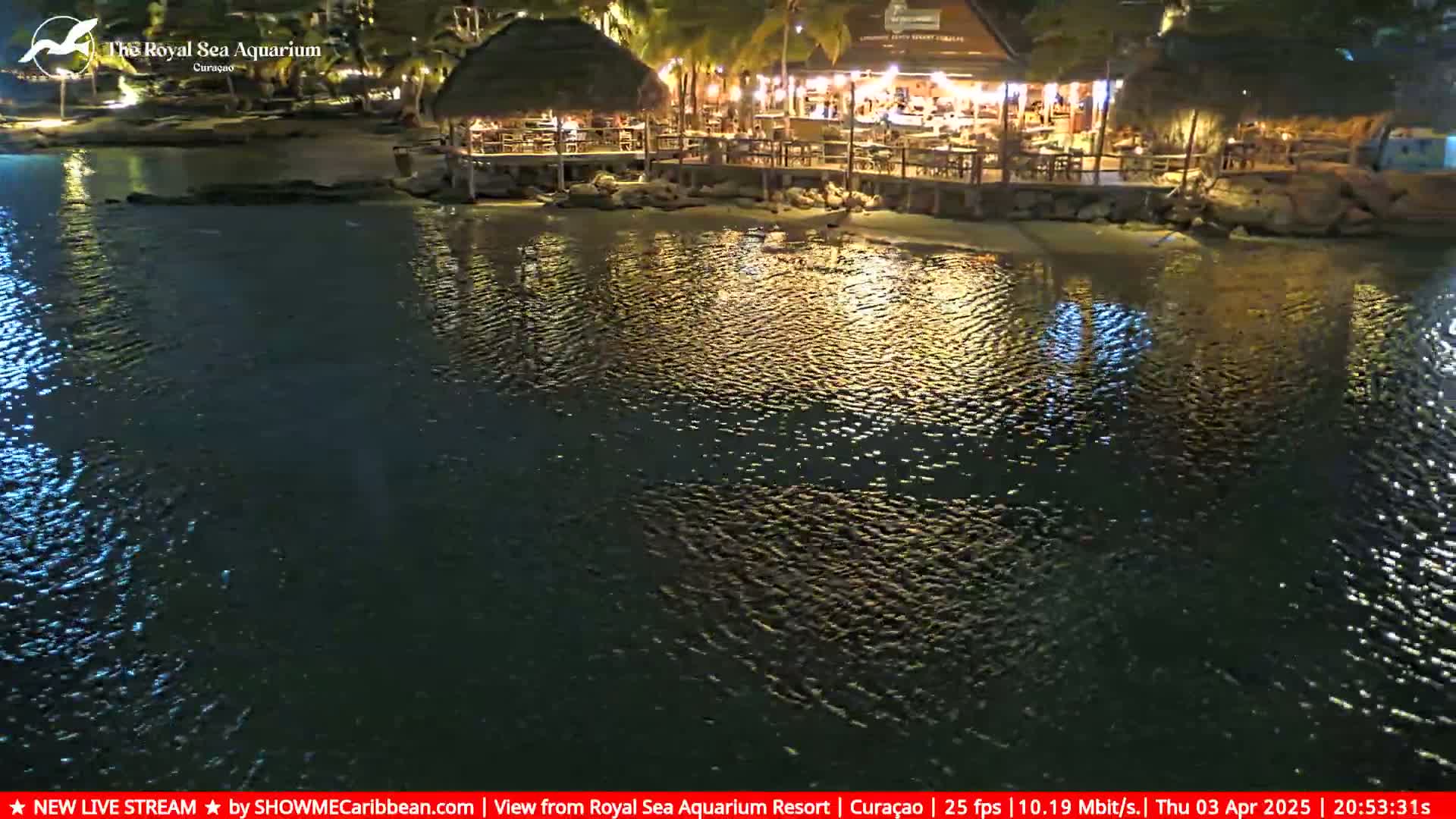 A nighttime view of a waterfront restaurant with a thatched roof, illuminated and reflecting on calm water.