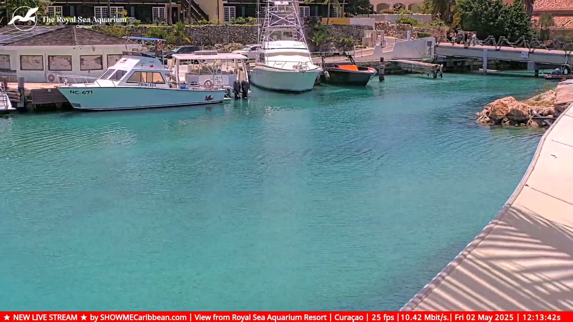 Several boats are moored in a calm, teal-colored marina.