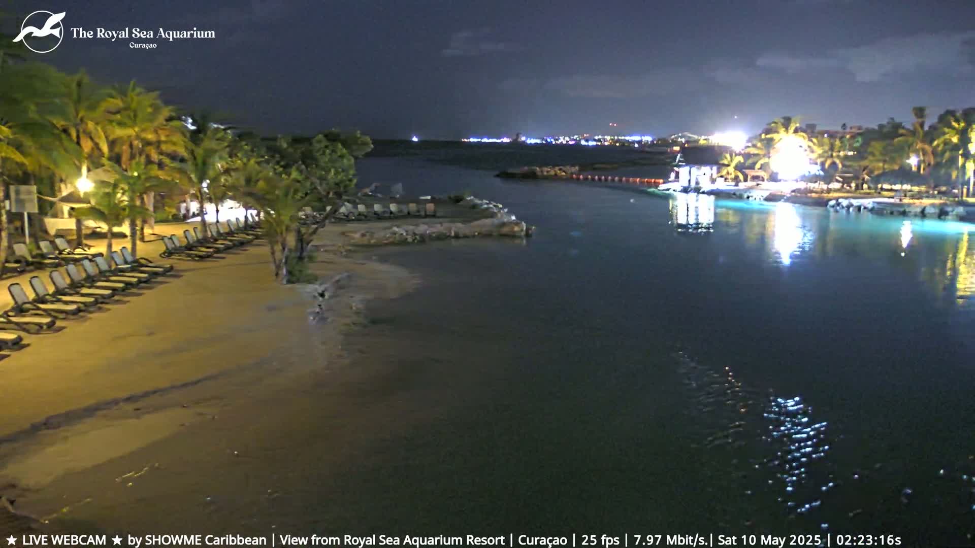 A nighttime view of a sandy beach with lounge chairs, palm trees, and calm water reflecting lights from a resort across the water.