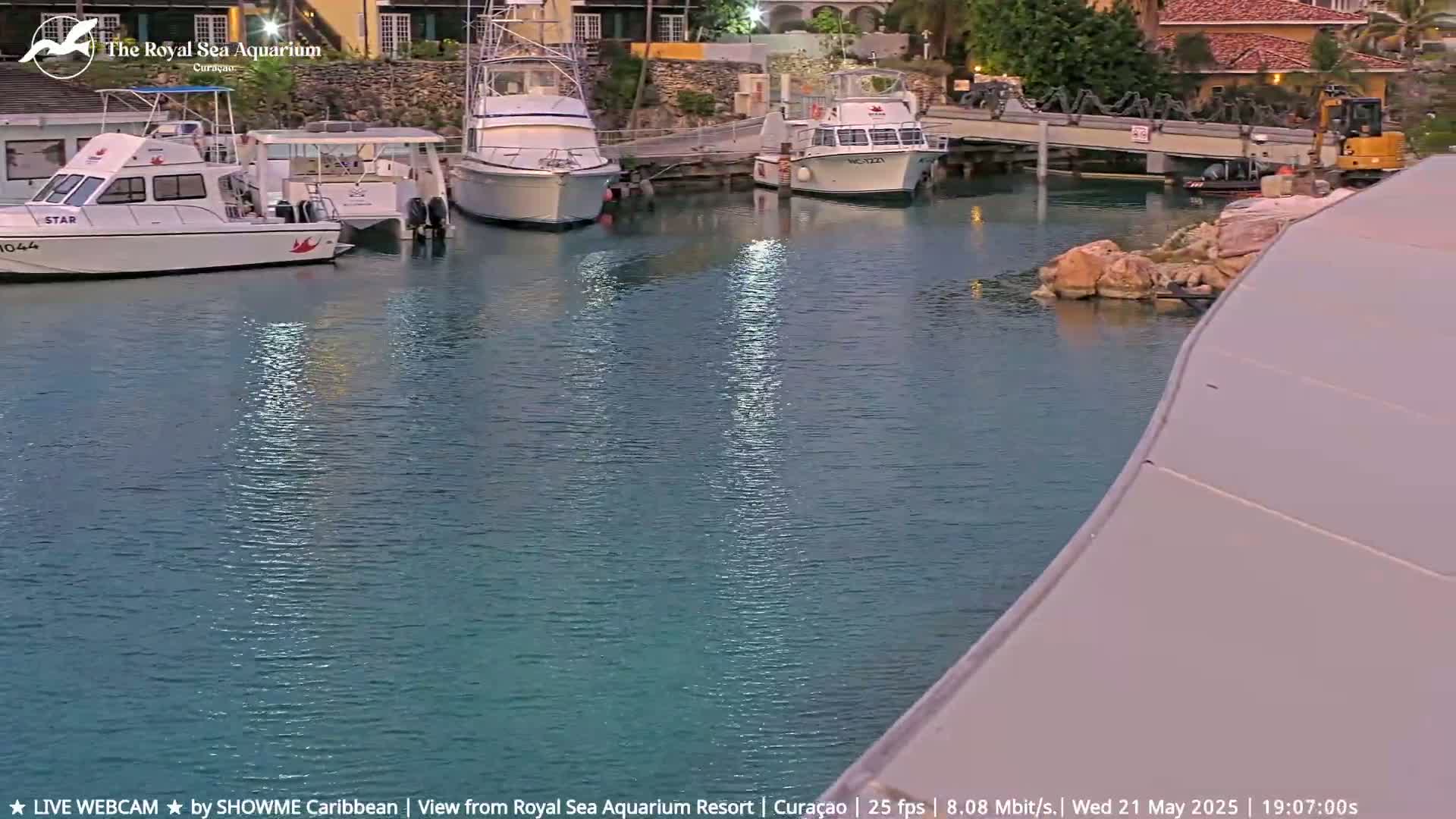 Several boats are moored in a calm, teal-colored harbor at dusk.
