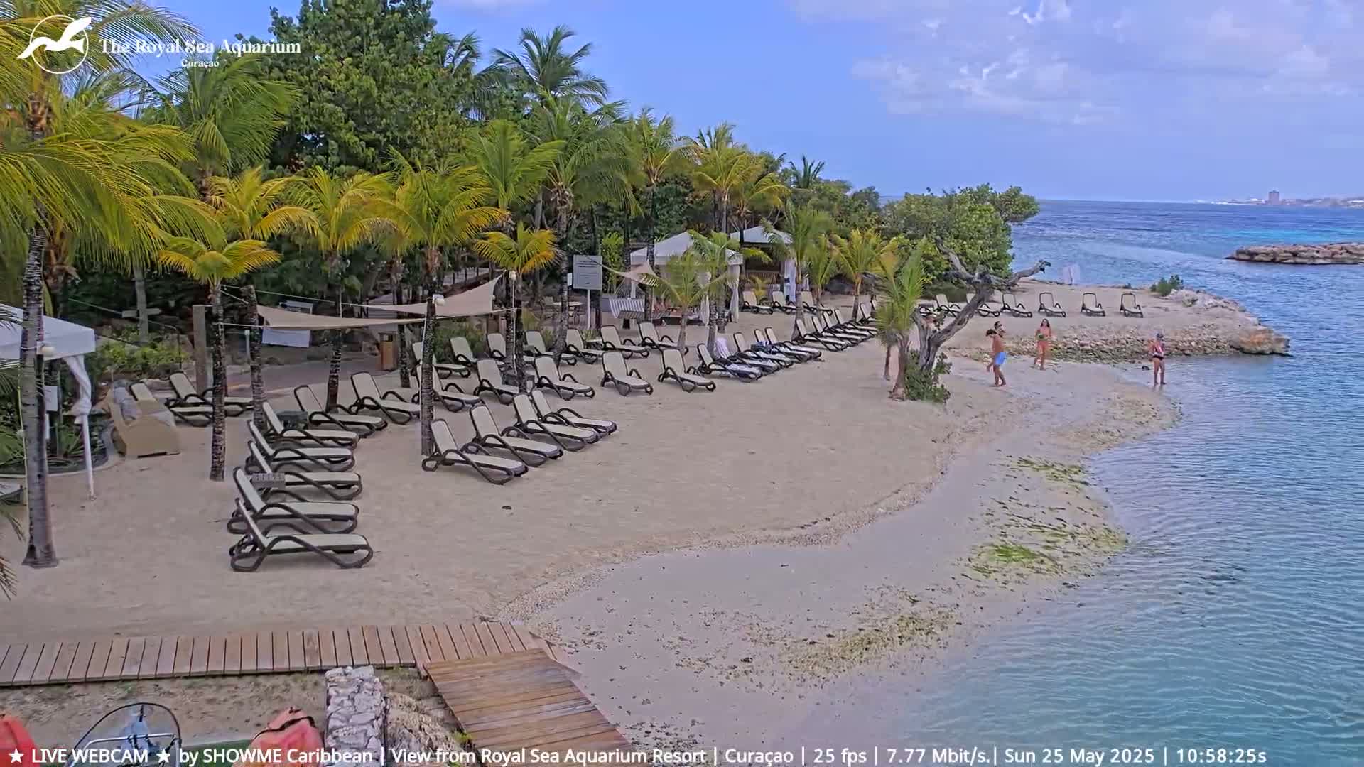 A sandy beach with lounge chairs, palm trees, and several people is partially surrounded by calm, clear water under a mostly sunny sky.
