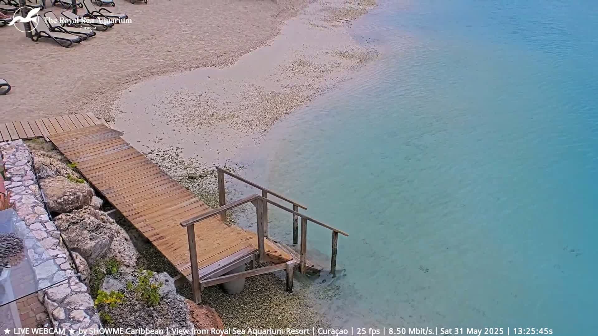 A wooden walkway and steps lead from a sandy beach to clear, shallow turquoise water.