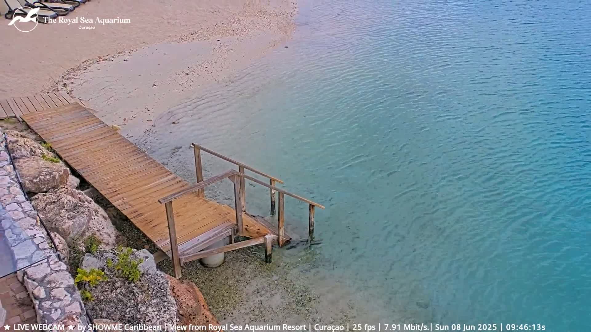 A wooden dock with steps leads down to calm, turquoise water from a sandy beach.