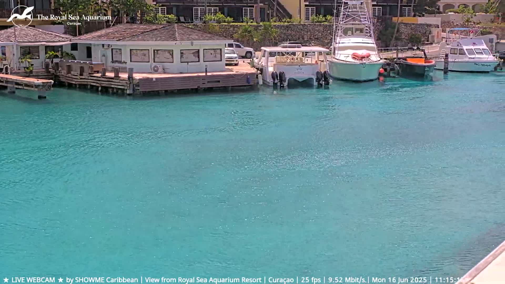 Several boats are docked at a waterfront building next to calm, turquoise water.