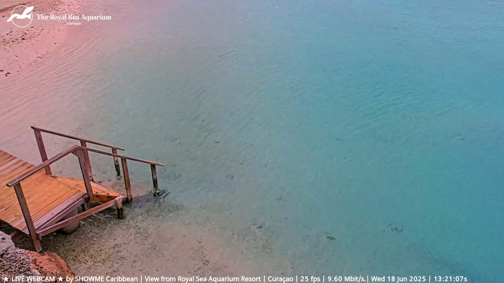 A wooden staircase descends from a dock into clear, shallow turquoise water next to a sandy beach.