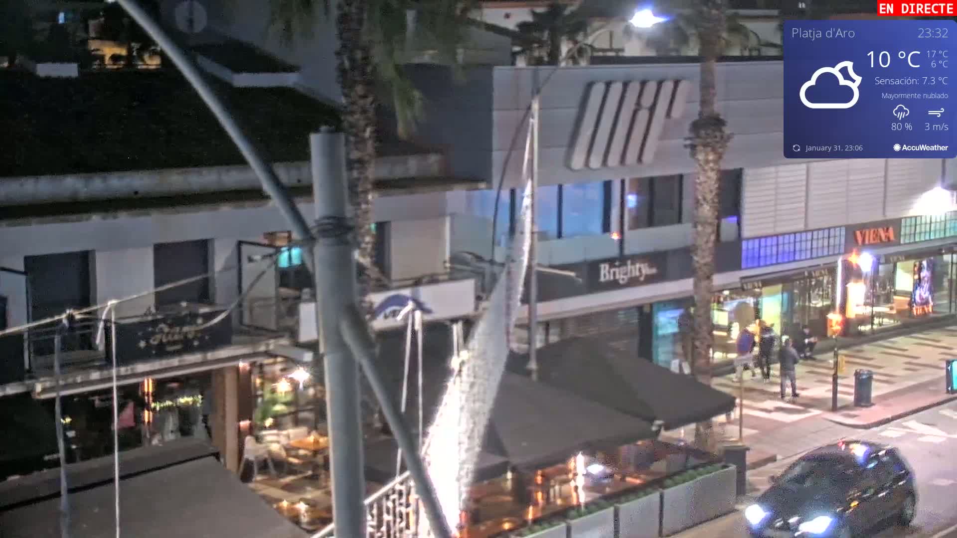 A nighttime street scene shows a mostly cloudy sky, illuminated buildings with outdoor seating areas, and a few pedestrians walking near parked cars.