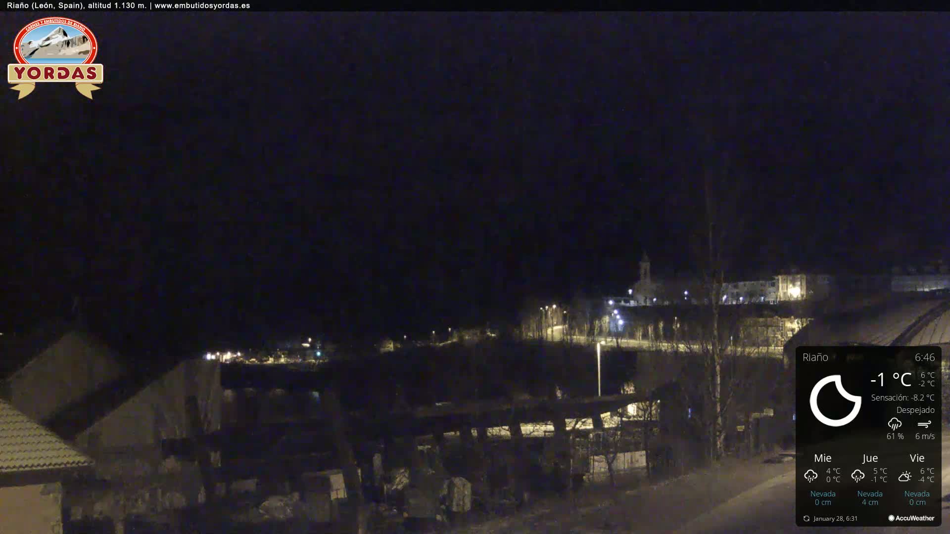 A nighttime view of a small town under a clear, dark sky, with a temperature of -1°C.