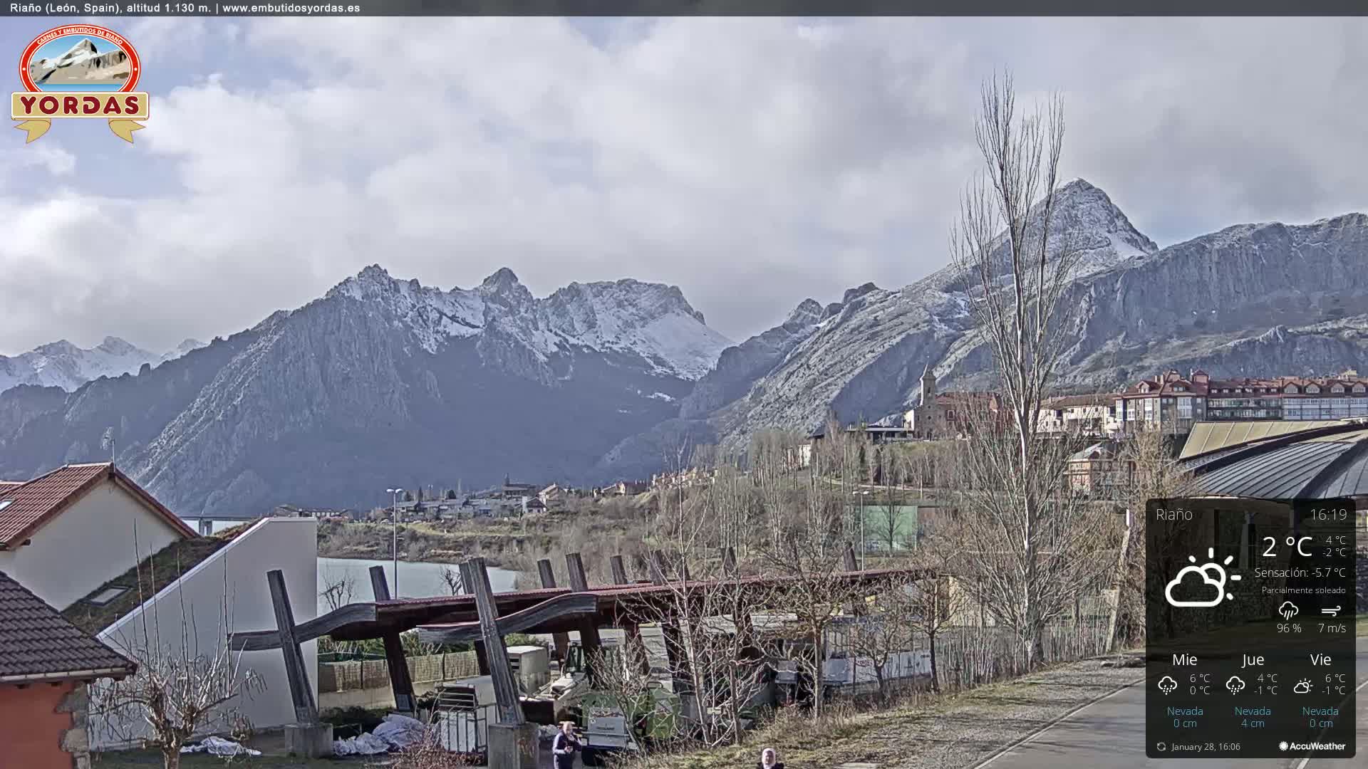 A partly sunny view of a town nestled at the base of snow-dusted mountains, under a mostly cloudy sky.