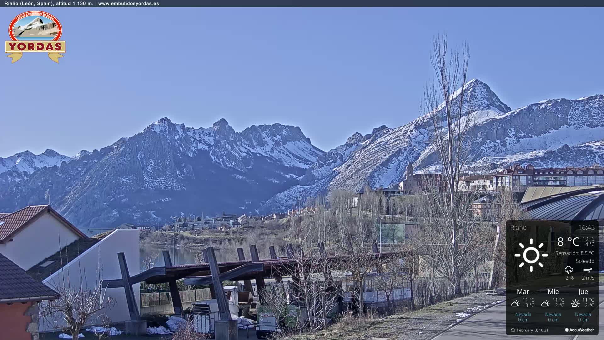 A sunny day reveals a snow-capped mountain range overlooking a town nestled beside a body of water; bare trees and buildings are in the foreground.