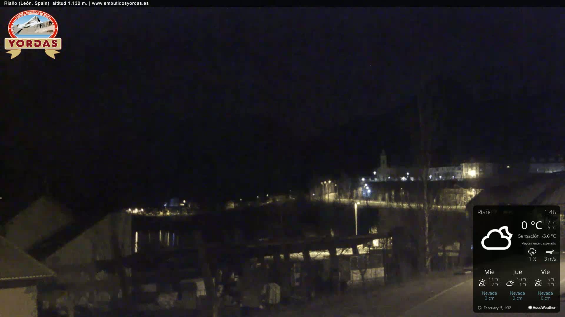 A nighttime view of a small town nestled beside a body of water under a mostly clear sky.