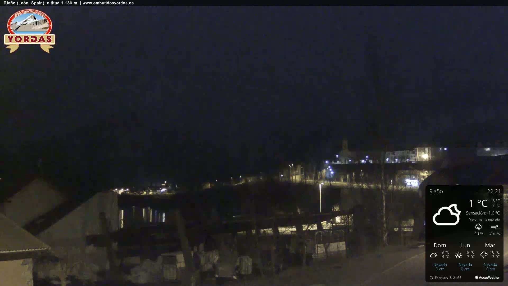A nighttime view of a town with mostly cloudy skies and a temperature of 1°C.