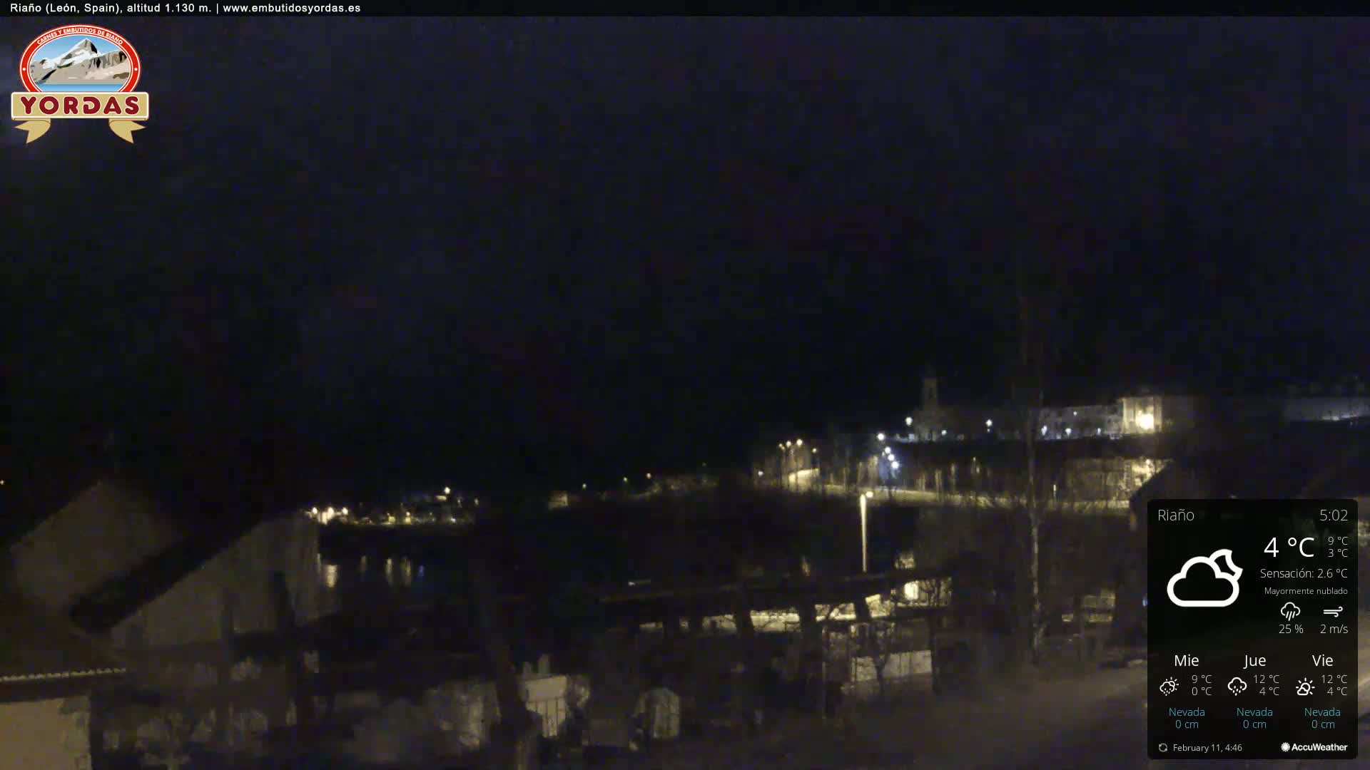 A nighttime view of a dimly lit town, mostly cloudy with a temperature of 4°C.