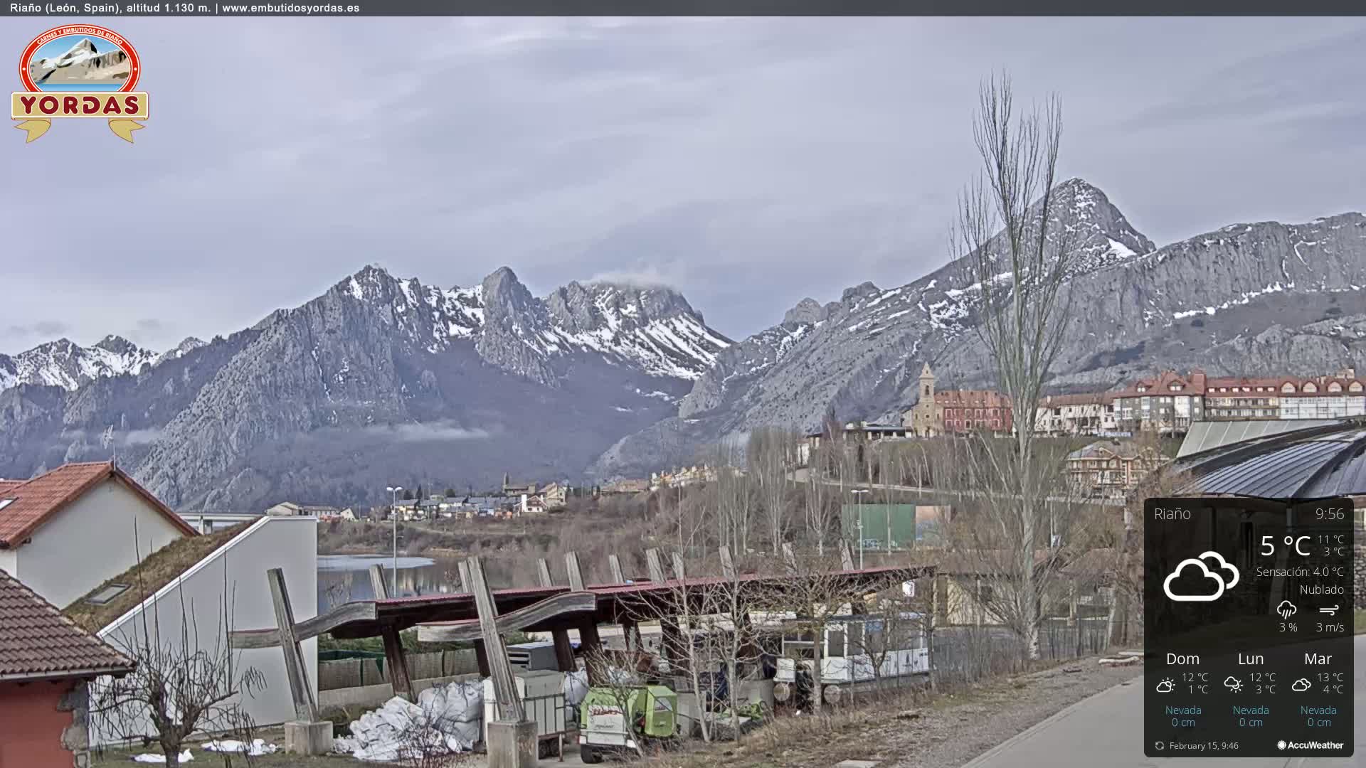 A town nestled in a valley, overlooked by snow-capped mountains under a cloudy sky.