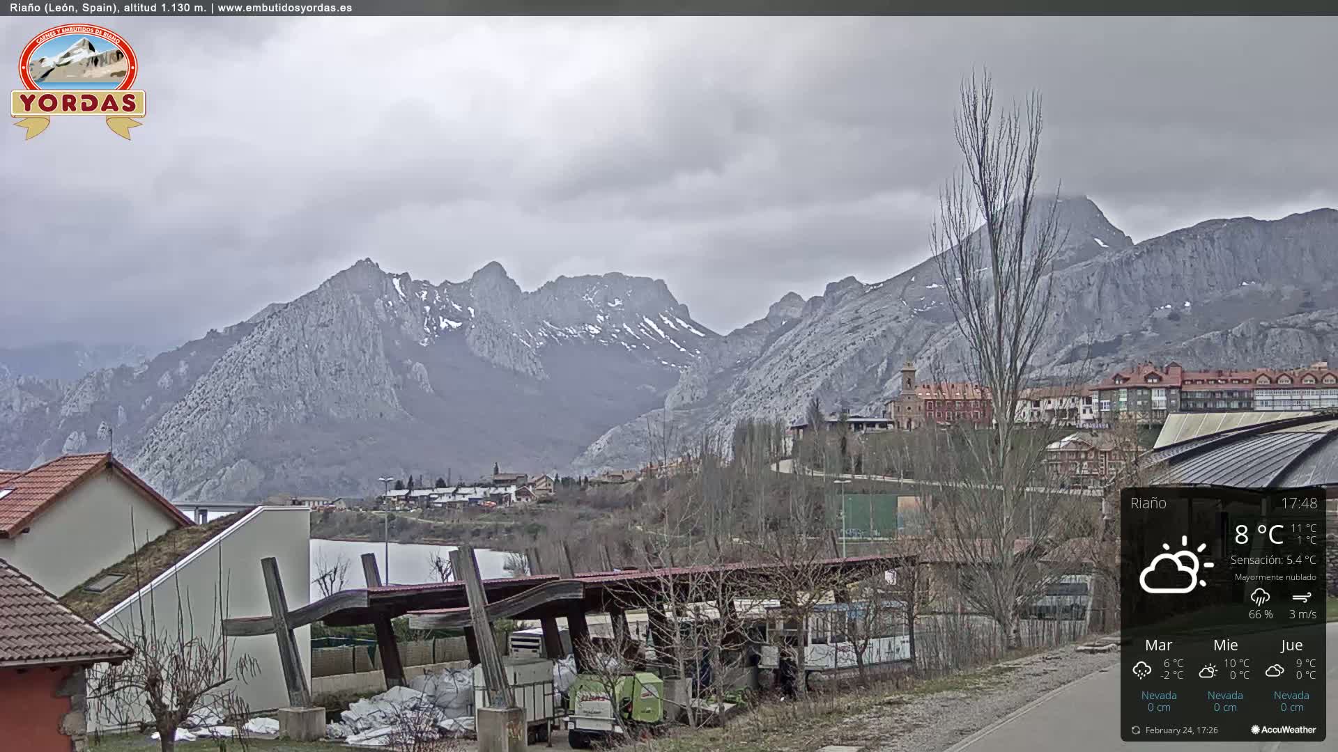 A village nestled in a valley between snow-dusted mountains under a mostly cloudy sky.
