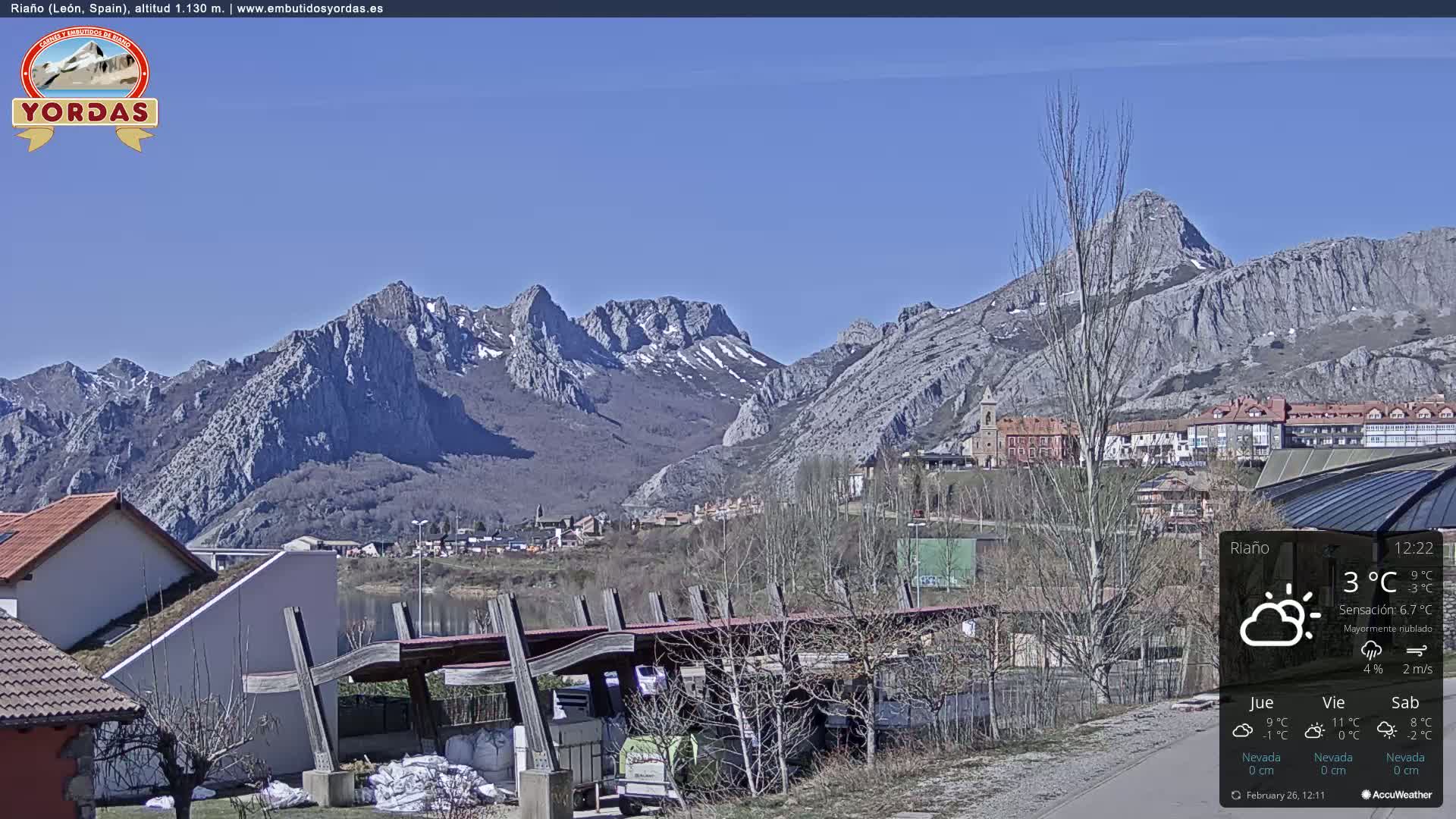 A town nestled in a valley, overlooked by snow-capped, rocky mountains under a mostly cloudy, sunny sky.
