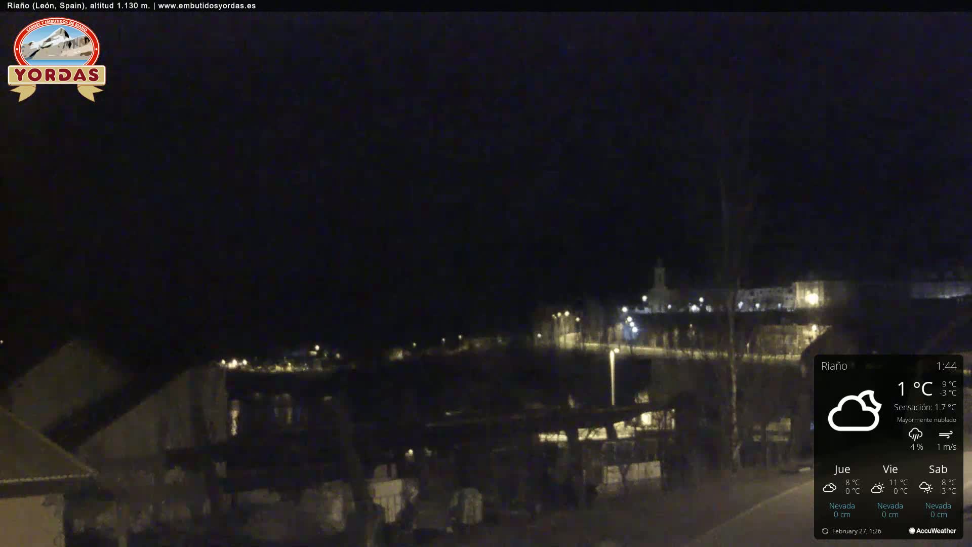 A nighttime view of a dimly lit town, mostly cloudy with a temperature of 1°C and a 1 m/s wind.
