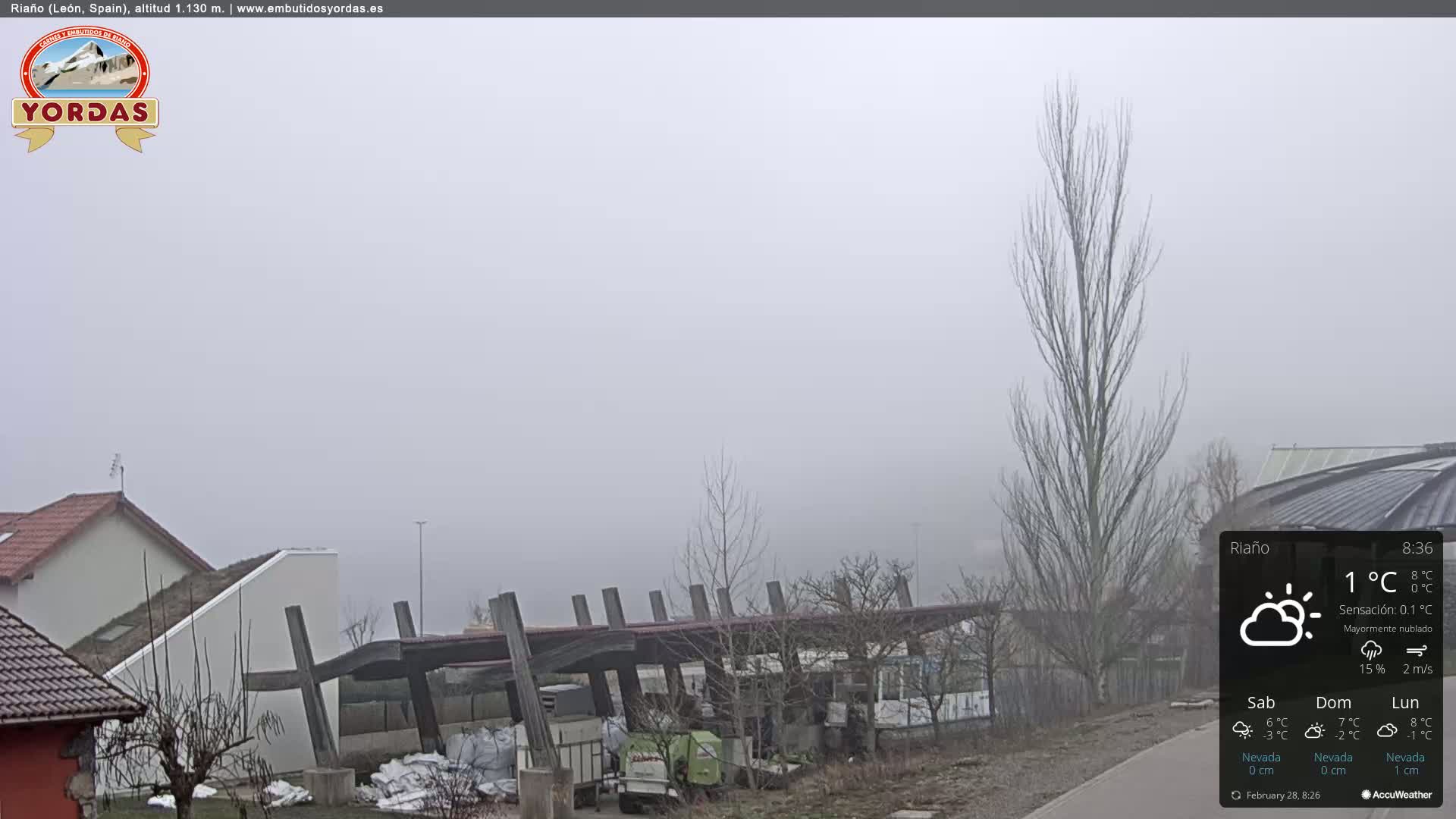 A foggy view shows a residential area with several buildings, including a partially covered structure, and bare trees.