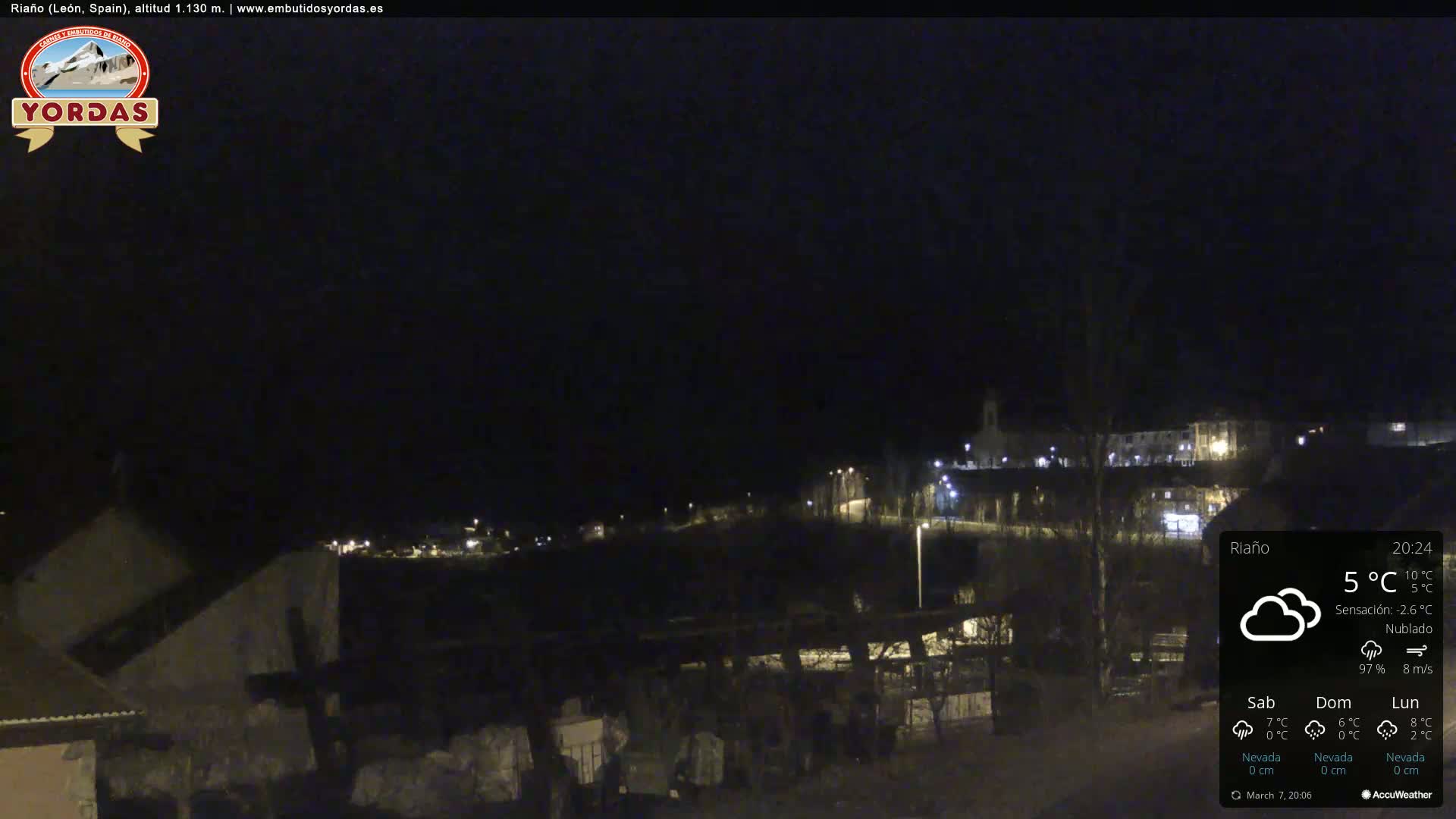 A nighttime view of a small town with scattered lights, under cloudy skies.