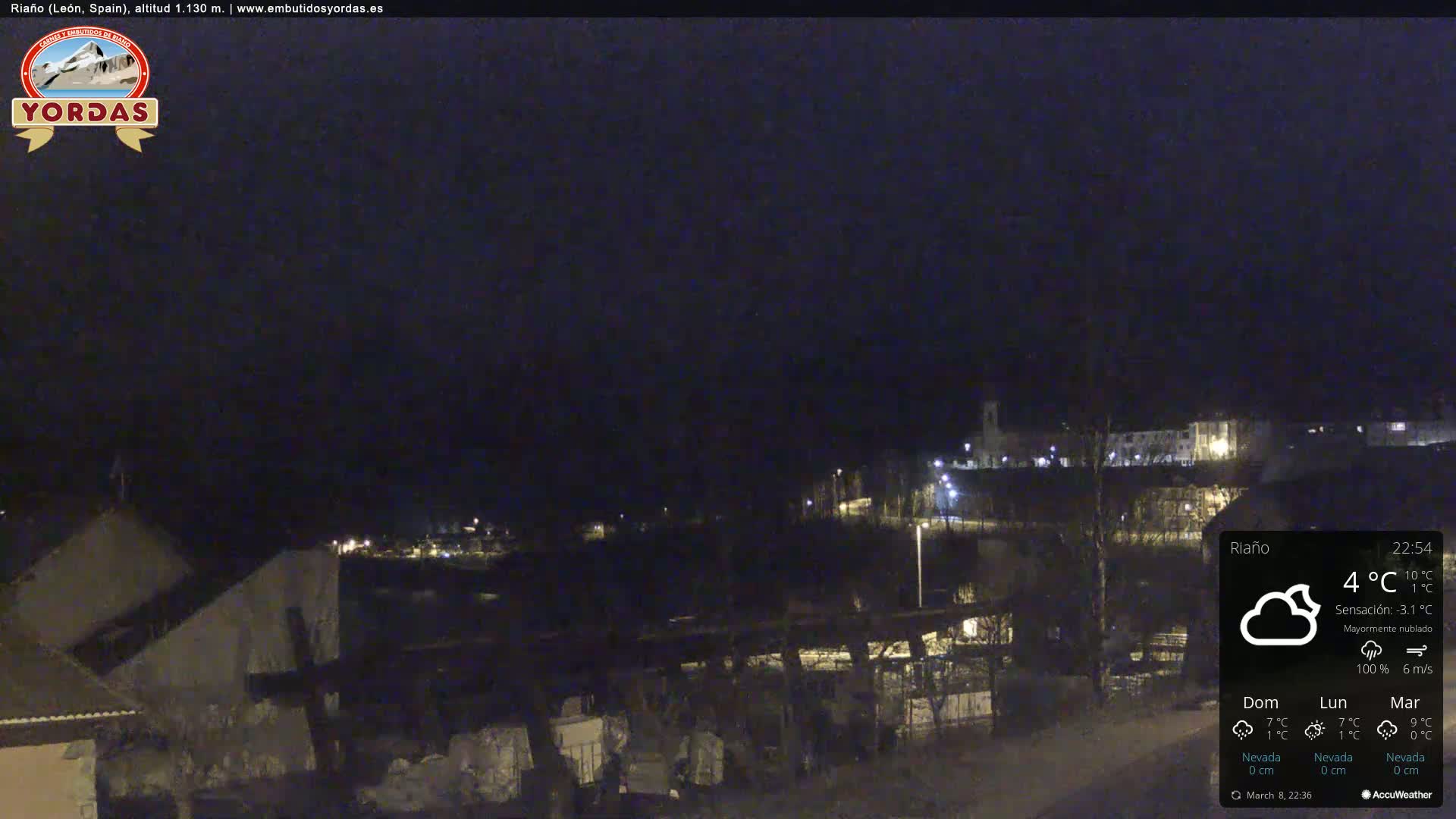 A nighttime view of a dimly lit town under a mostly cloudy sky.