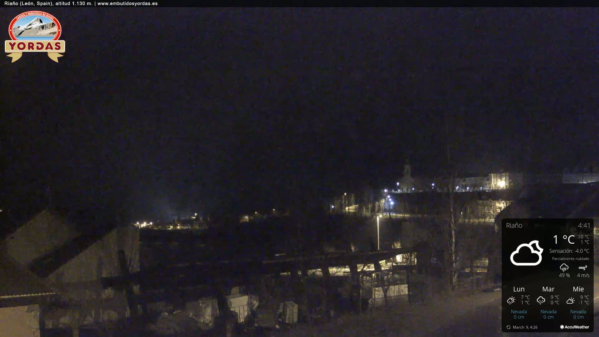 A nighttime view of a small town nestled in a valley under a partly cloudy sky.