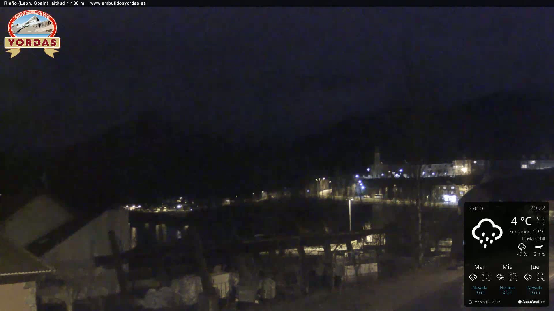 A nighttime view of a small town nestled in a valley under a dark, slightly overcast sky with light rain.