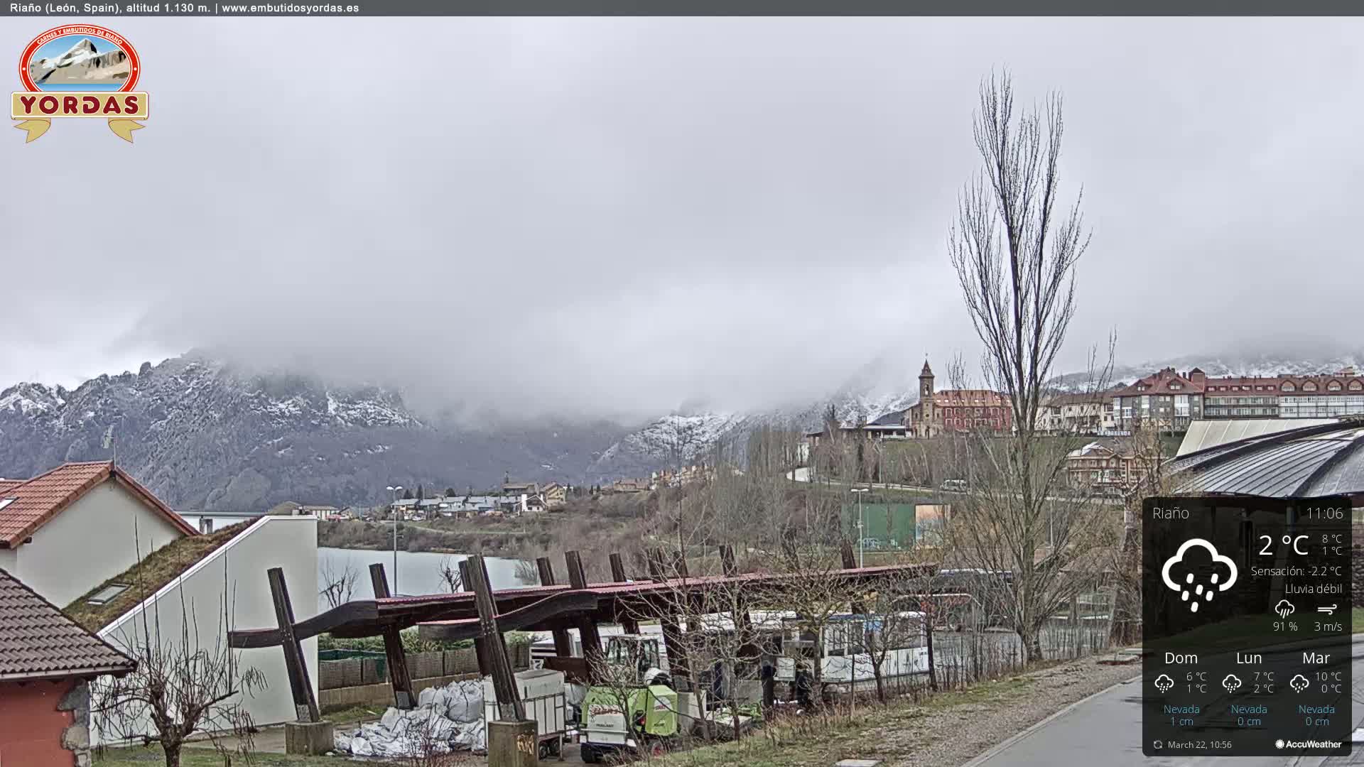 A town nestled in a valley between snow-dusted mountains under a cloudy, rainy sky.